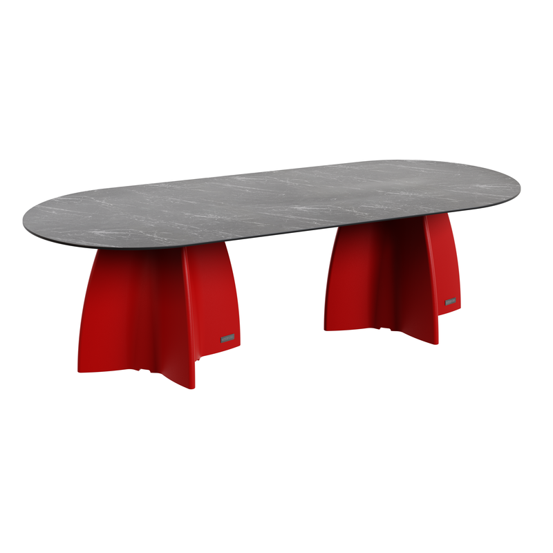 Grande table de jardin ovale marbe noir, table de repas design 10 personnes extérieur