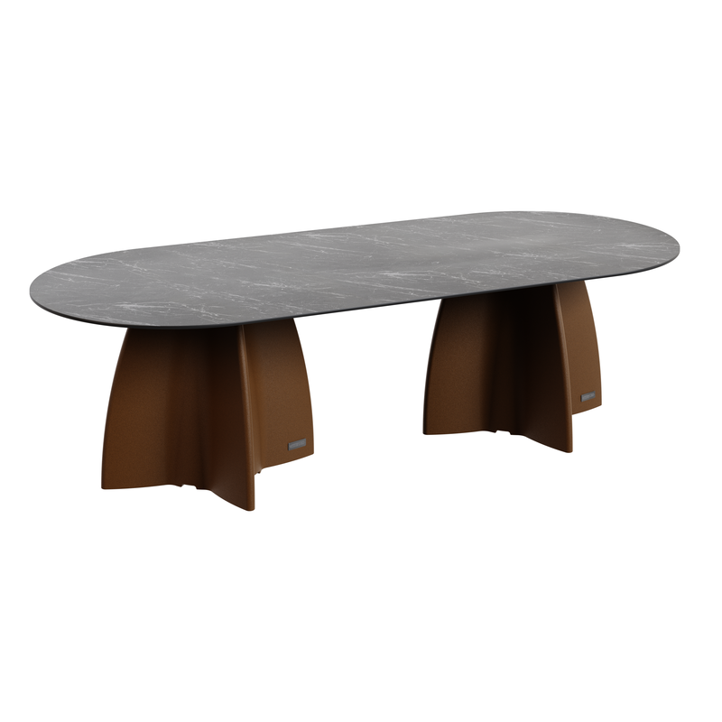 Grande table de jardin ovale marbe noir, table de repas design 10 personnes extérieur