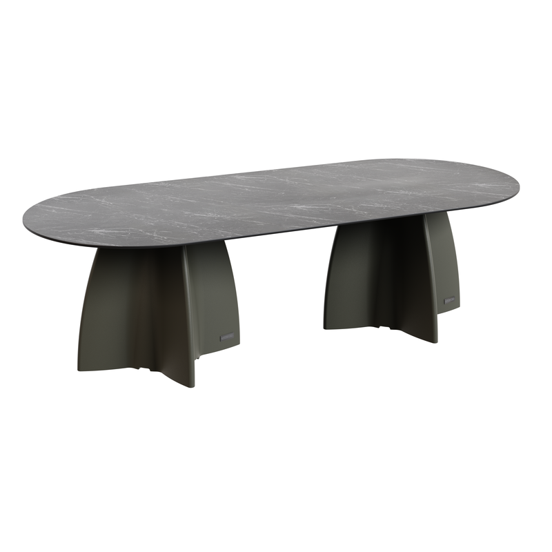 Grande table de jardin ovale marbe noir, table de repas design 10 personnes extérieur
