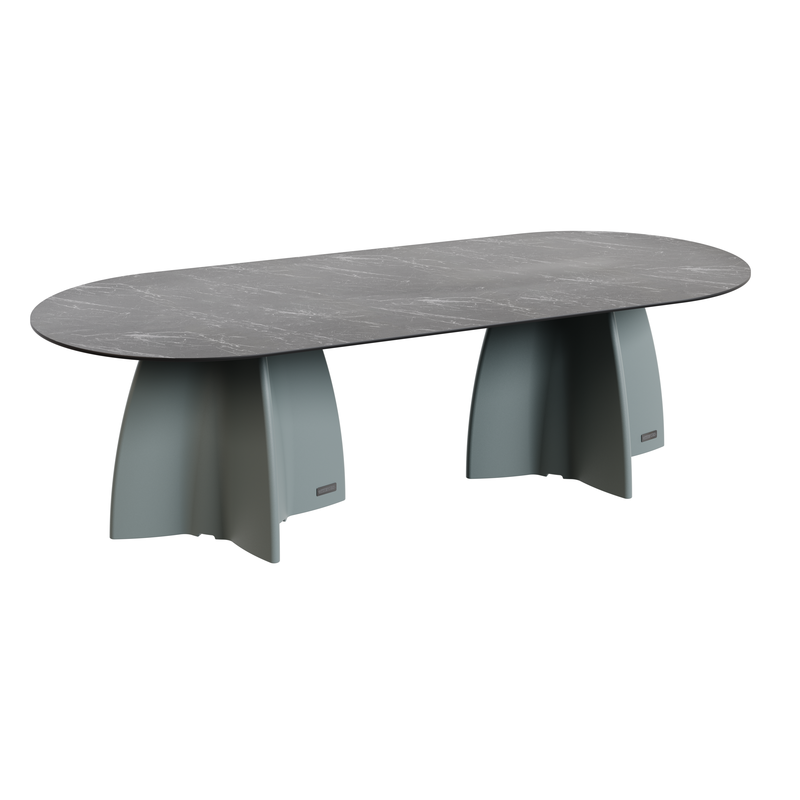 Grande table de jardin ovale marbe noir, table de repas design 10 personnes extérieur