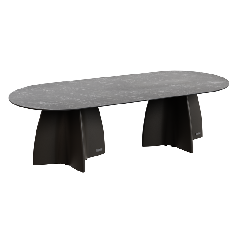 Grande table de jardin ovale marbe noir, table de repas design 10 personnes extérieur