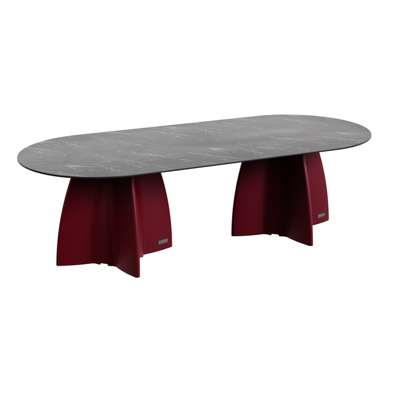 Grande table de jardin ovale marbe noir, table de repas design 10 personnes extérieur