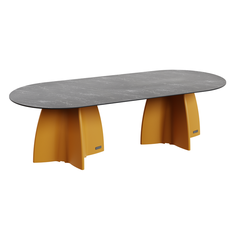 Grande table de jardin ovale marbe noir, table de repas design 10 personnes extérieur