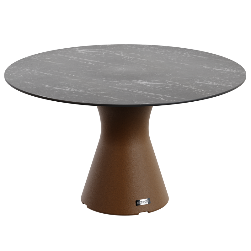 Table jardin marbre noir design, table ronde pied central 6 personnes
