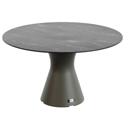 Table jardin marbre noir design, table ronde pied central 6 personnes