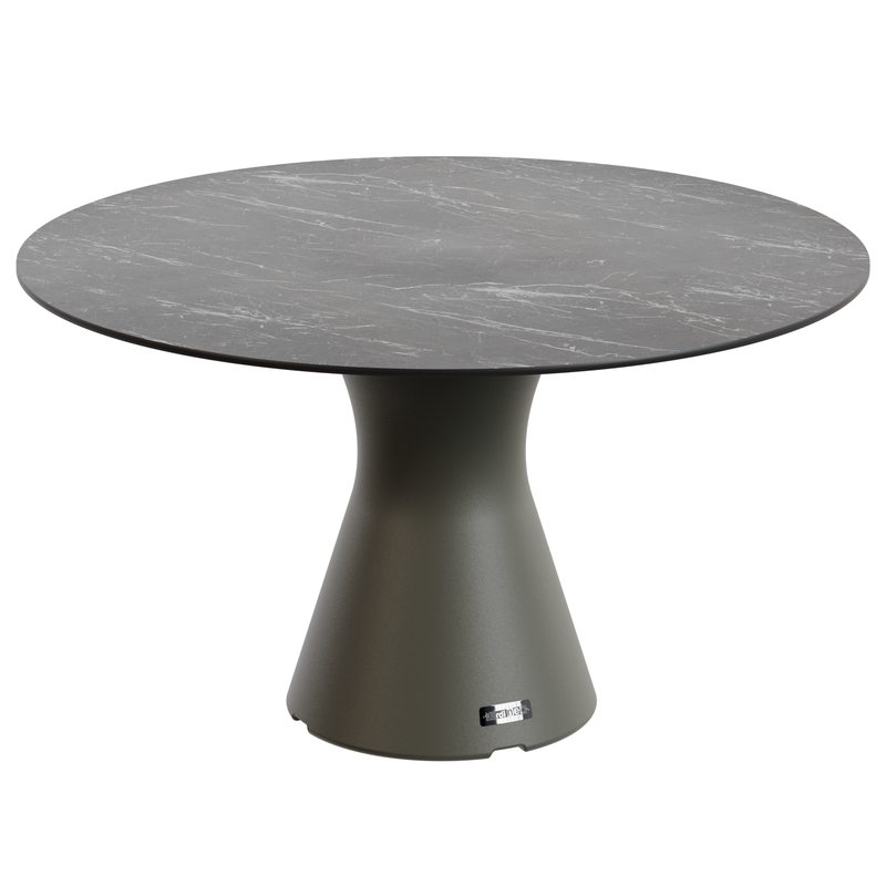 Table jardin marbre noir design, table ronde pied central 6 personnes