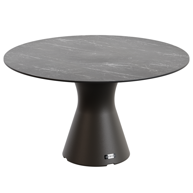 Table jardin marbre noir design, table ronde pied central 6 personnes
