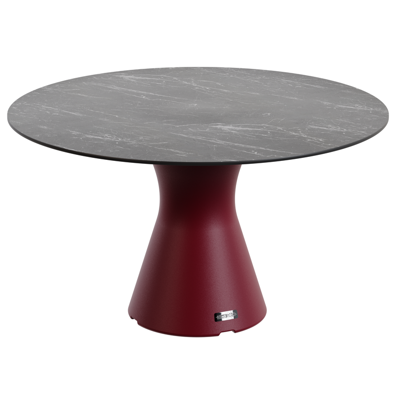 Table jardin marbre noir design, table ronde pied central 6 personnes