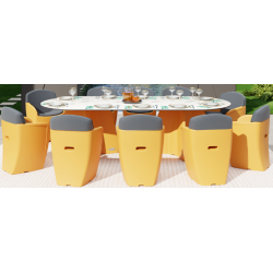 Table de jardin design marbre crème, table jardin ovale 10 personnes