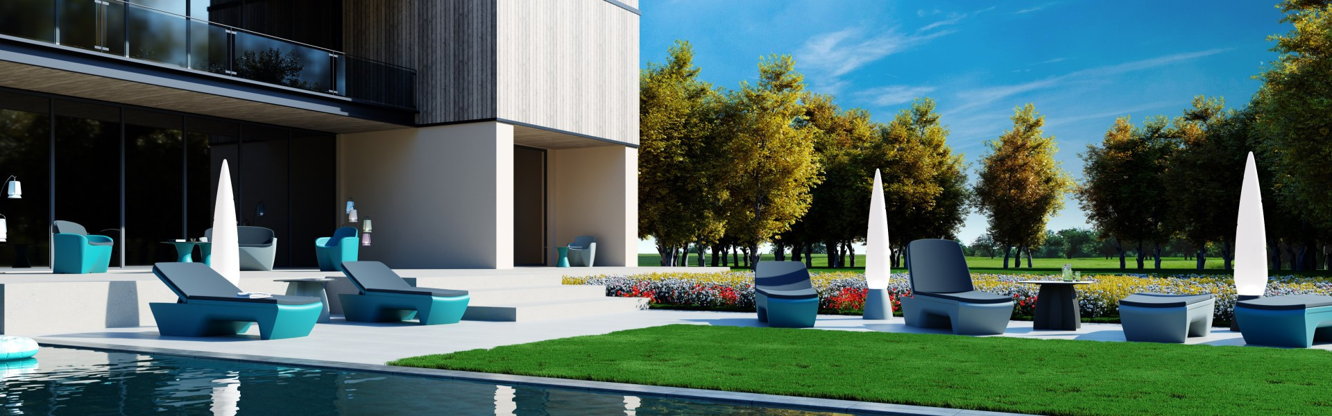 Bain de soleil haut de gamme résine, transat design contemporain